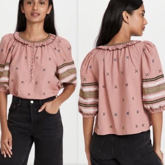 THE GREAT Clementine Embroidered Linen Cottagecore Blouse Pink Rosette X-Small - Picture 3 of 9